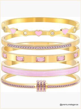 18K Gold Plated Stackable Bangle Bracelets, Heart Design, Stainless Steel